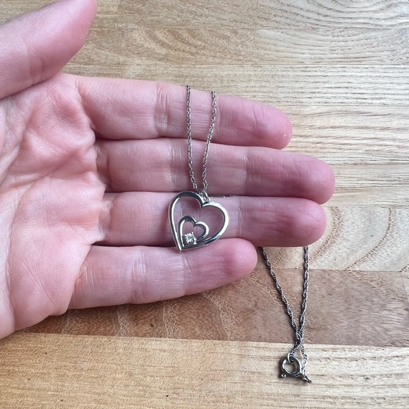 925 Sterling silver sk9 double heart diamond pendant necklace - Picture 1 of 6